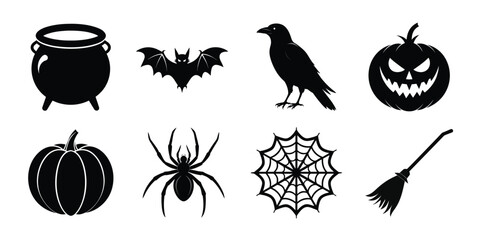 Black Halloween Icons Cauldron Bat Crow Pumpkin Spider Web Broom