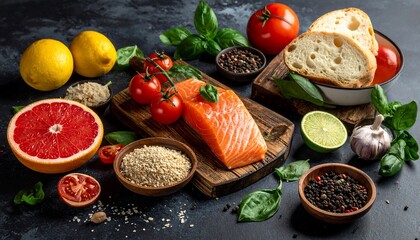 Fresh salmon fillets, vibrant vegetables, and wholesome bread ingredients arranged artfully on a dark stone surface, showcasing a healthy and appetizing culinary composition.