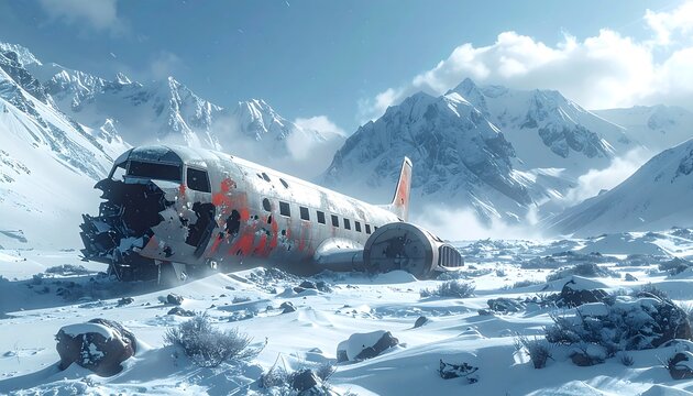 Damaged plane in a snowy mountain landscape