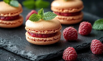 Close-up of delicate pastel-orange macarons filled with raspberry jam, garnished with fresh mint leaves and surrounded by fresh raspberries