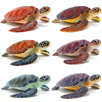 Sea Turtle Variety: A mesmerizing collection of six sea turtles. showacasing a spectrum of vibrant shells and intricate patterns. This showcases the beauty of marine life.