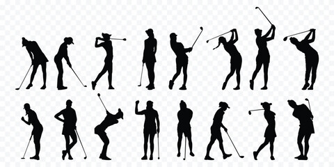 Silhouette male golf golfer golfing action poses in the ground . Transparent PNG available
Silhouette illustration of golfers in various swinging and standing poses with golf clubs  . 