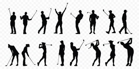 set of vector silhouette female professional golfers playing golf  . golfer, golf girls black vector silhouettes . eps 10