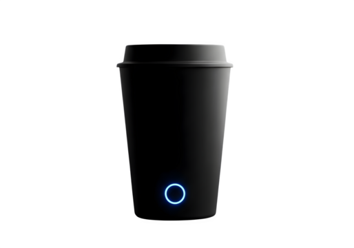 Sleek black coffee cup with a lid and a glowing blue circle, isolated on transparent background, representing modern design and beverage convenience