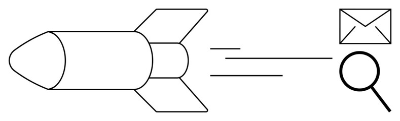 Rocket speeding forward with a trail, moving toward an envelope and magnifying glass. Ideal for innovation, technology, communication, progress, solutions, research futuristic thinking. Simple flat