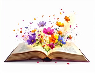 An open book with glowing pages, colorful flowers blooming and growing out, petals moving gently, dust particles floating in the air, isolated on plain white background, magical atmosphere
