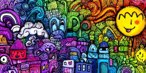 Obraz premium Vibrant, intricate design showcasing a colorful, detailed cityscape of whimsical, hand-drawn characters and patterns.