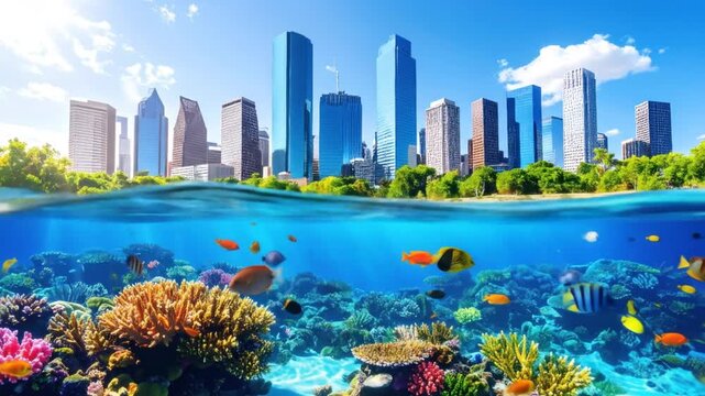 City skyline meets vibrant coral reef. A split-level image showcasing a metropolitan cityscape with a lush park area above the water's edge .