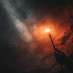 Burning torch in cave