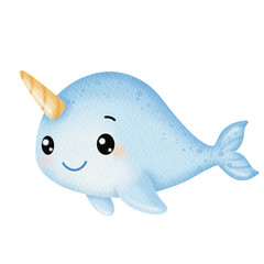 Watercolor Cute narwhal. Under the sea.