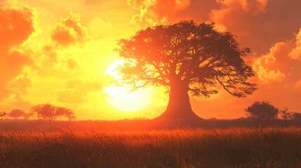Fototapeta premium Majestic Baobab Tree Silhouette at Sunset on African Savanna