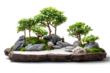 Serene Zen garden with miniature bonsai trees, grey rocks, white sand, and moss, evokes tranquility and peaceful meditation