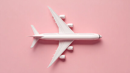 White airplane model on pink background travel journey adventure flight vacation