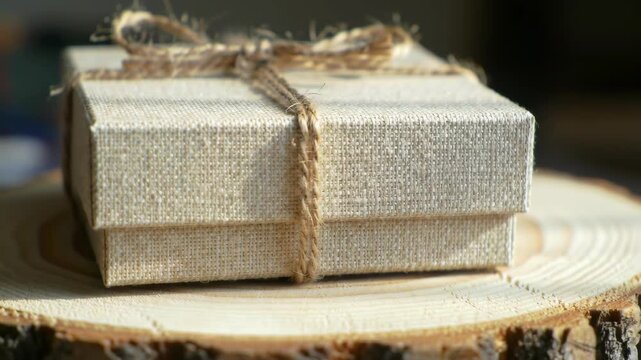 Small burlap gift box tied with twine sitting on a wood slice.