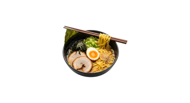 Delicious ramen bowl with pork, egg, and seaweed, served with chopsticks isolated on transparent background a flavorful and comforting japanese noodle soup - Powered by Adobe