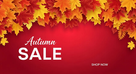 Red background framed by autumn leaves, showcasing "Autumn Sale" text with "Shop Now" call to action, ideal for seasonal promotions or advertising