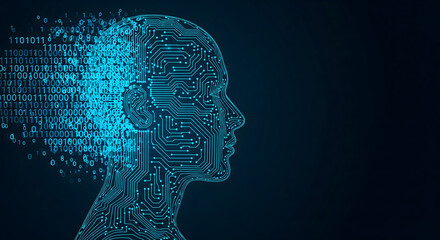 Digital Mind: A futuristic concept portraying the evolution of a human mind, visualized with intricate circuit board patterns and binary code, set against a cool-toned backdrop.