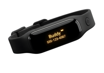 Sleek black fitness tracker displaying buddy and phone number isolated on transparent background, a modern wearable for health monitoring
