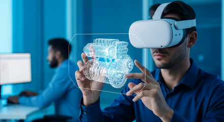 Man in VR headset interacts with a 3D engine model, showcasing advanced technology in automotive design and virtual reality engineering
