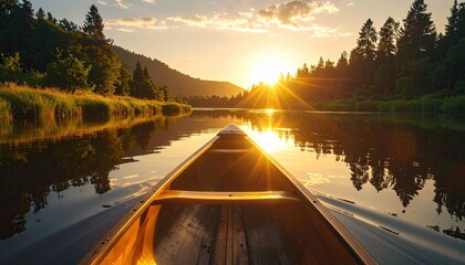 Canoe Journey at Sunset on Calm Lake Reflecting Golden Light and Lush Green Trees in a Cinematic Warm Toned Landscape