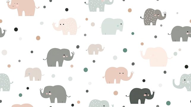 This delightful pattern features cute baby elephants in pastel pink, grey, and sage green against a white background adorned with polka dots, ideal for playful creations SEAMLESS PATTERN
