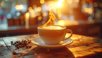 Cappuccino with Steaming Coffee Art on Rustic Wooden Table in Warm Light