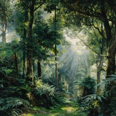 Sunlight path through lush forest