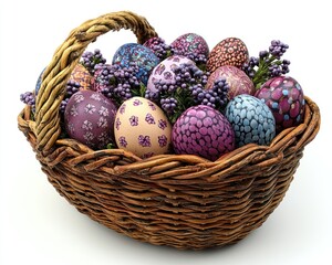 Easter eggs in a wicker basket.  Colorful, decorative eggs