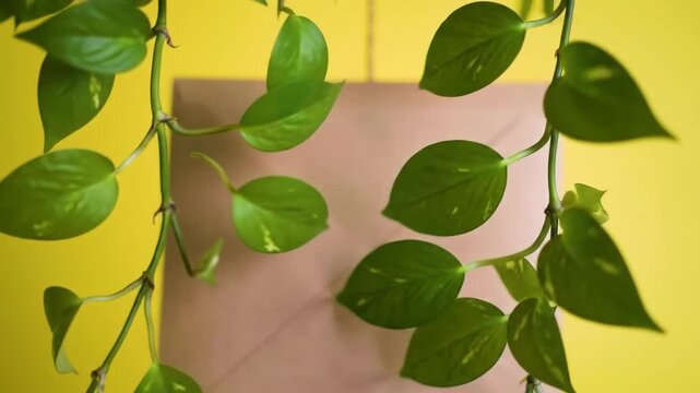 Indoor pothos plant with green leaves against yellow background
