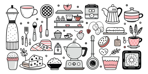 Charming kitchen appliances and desserts hand drawn sketch art collection