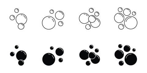 Bubble icon set. Soap foam, fizzy drink, oxygen bubbles .  bubble vector icon in black white fill and line style. Bubble, Foam, Cleaning icon . eps 10 
 
