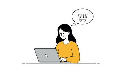Online shopping concept with woman using laptop and thought bubble