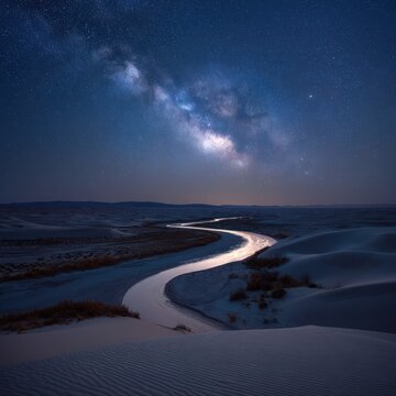 Night desert river milky way