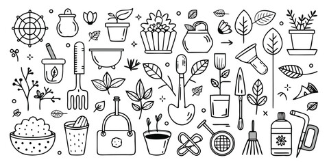 Whimsical hand drawn garden tools and plants collection line art