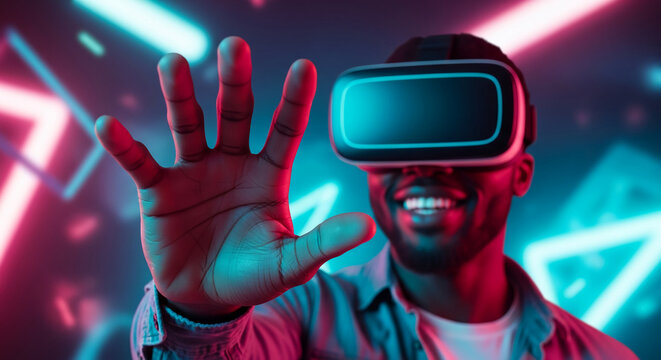 Man wearing VR headset, hand outstretched, neon background.  Image showcases virtual reality experience, futuristic technology, and digital interaction