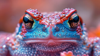 Close-up of a colorful toad with vibrant hues of red, blue, and orange, featuring intricate patterns and glistening water droplets.