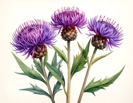 Detailed illustration of three purple artichokes