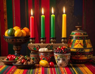 Colorful Kwanzaa decorations including Kinara candles, traditional fabrics, and symbolic items