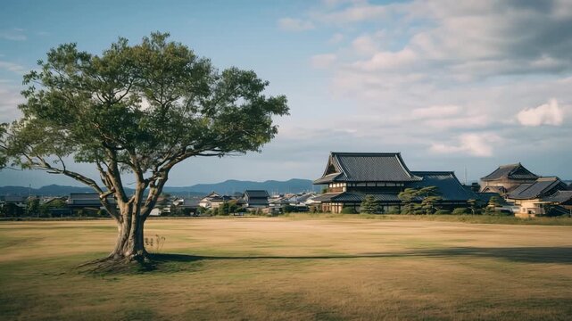 古都の寺院を背景に立つ一本の木