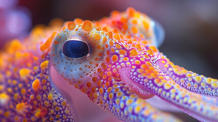 Close-up of a vibrant, colorful,  small,  unique,  sea creature with intricate patterns.
