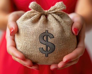 A small burlap money bag, with a dollar sign printed on it, held gently in a woman's hands. Woman wearing a red dress. Close-up view