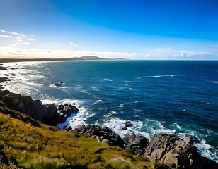 Panoramic coastal view of a rocky shore meeting a vast ocean under a clear sky