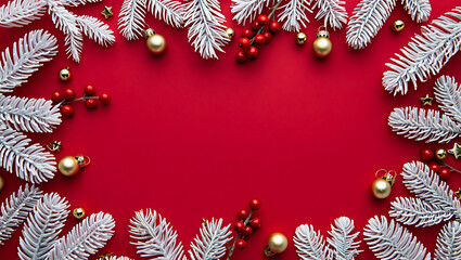 Festive Christmas Decoration Flat Lay with White Fir Branches Gold Baubles and Red Berries on a Vibrant Red Background for Holiday Season