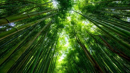 Looking up at a dense bamboo forest with vibrant green stalks reaching towards the sky on a sunny day