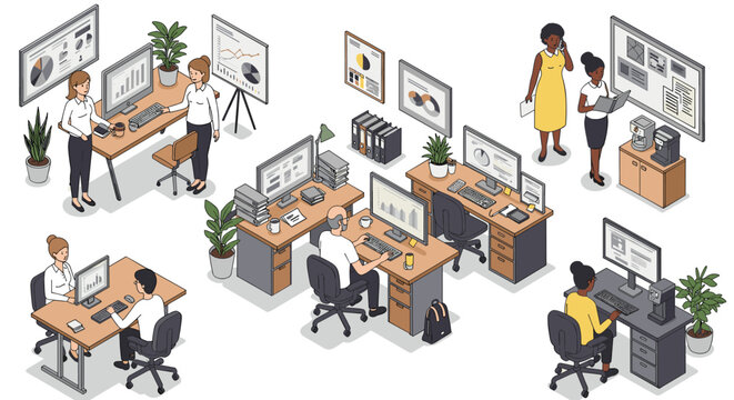 Isometric office work environment vector illustration for design projects