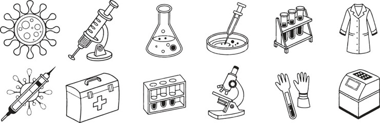 Medical and biology doodle icons set with virus, syringe, vaccine, test tubes, microscope, gloves, and lab coat. Perfect for healthcare, laboratory, and research projects. Great for infographics, 
