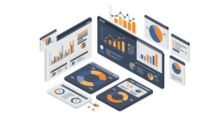 Isometric business analytics vector illustration for data visualization and infographics design