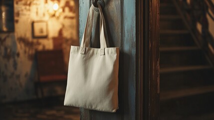 Beige tote bag hangs on a door handle in a room interior.