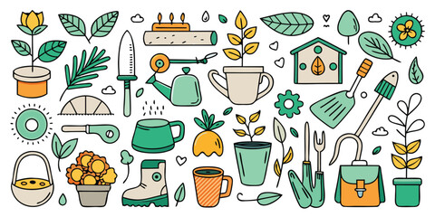 Charming hand drawn gardening tools and plants collection for your creative projects