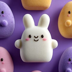 White bunny cake with pink cheeks and purple background easter